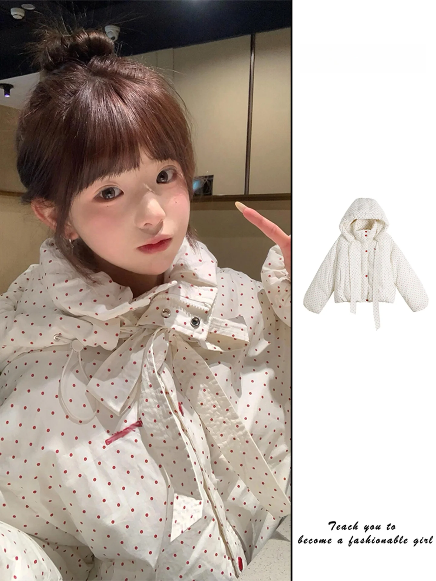 

Зимняя утепленная женская куртка-пуховик 2025 года в горошек, корейский свободный крой, длинный рукав, на молнии, с капюшоном