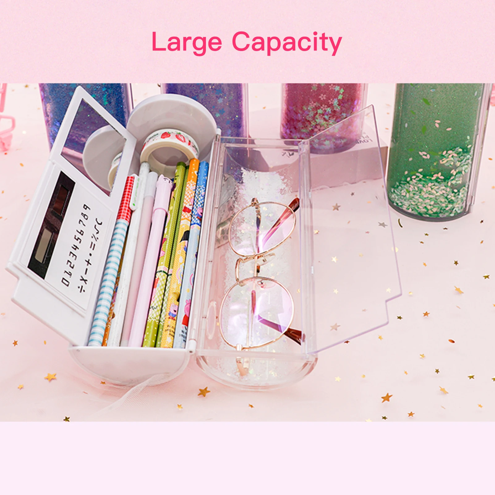 NBX Pencil Cases Multifunctional Standing Quicksand Pencil Case Organizer Double Layer Cylindrical Cute Pen Bag Holder & Mirror