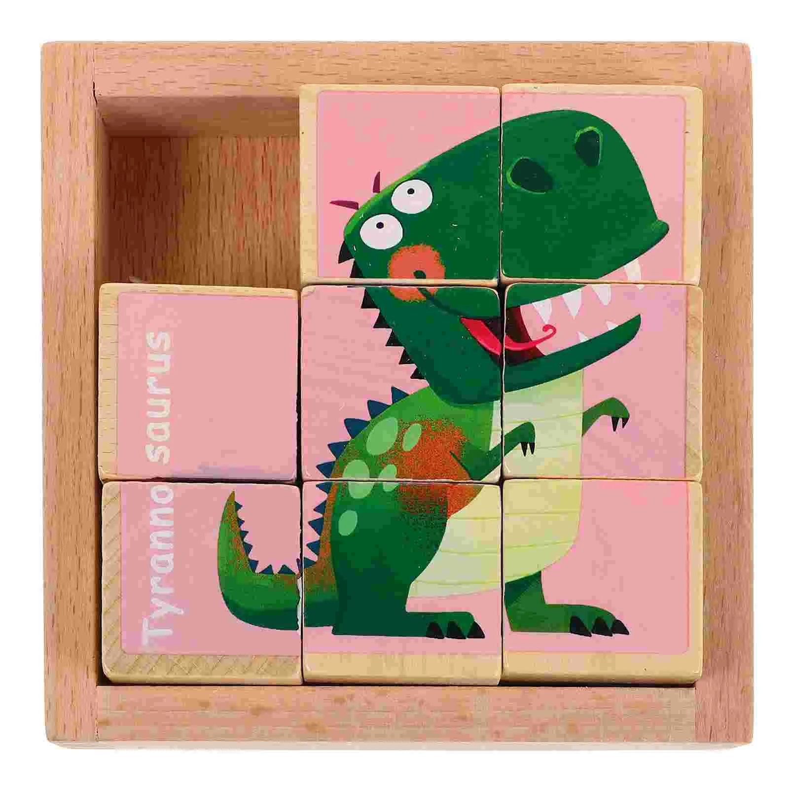 Rompecabezas de aprendizaje preescolar de madera, tableros de juguetes para niños, rompecabezas de dibujos animados de cubo de dinosaurio para niños pequeños