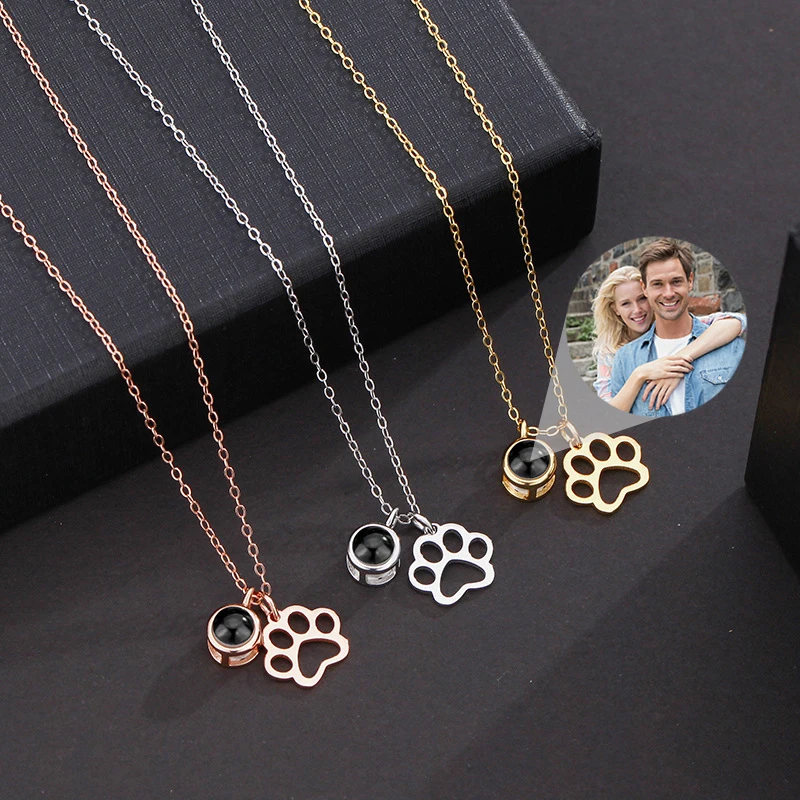 Personalized Pet Photo Necklace Custom Photo Dog Cat Paw Projection Pendant Necklace with Picture Customized Portrait Jewelry