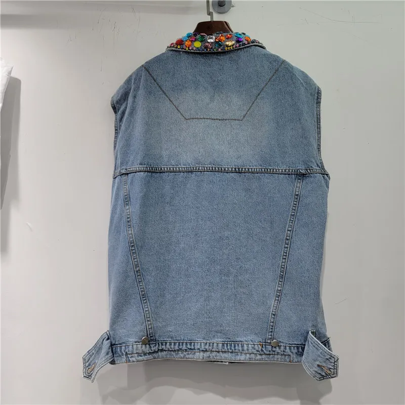 Spring Autumn Manual Beaded Diamonds Rivet Denim Vest Women Casual Loose Turndown Collar Sleeveless Cowboy Coat Female Waistcoat