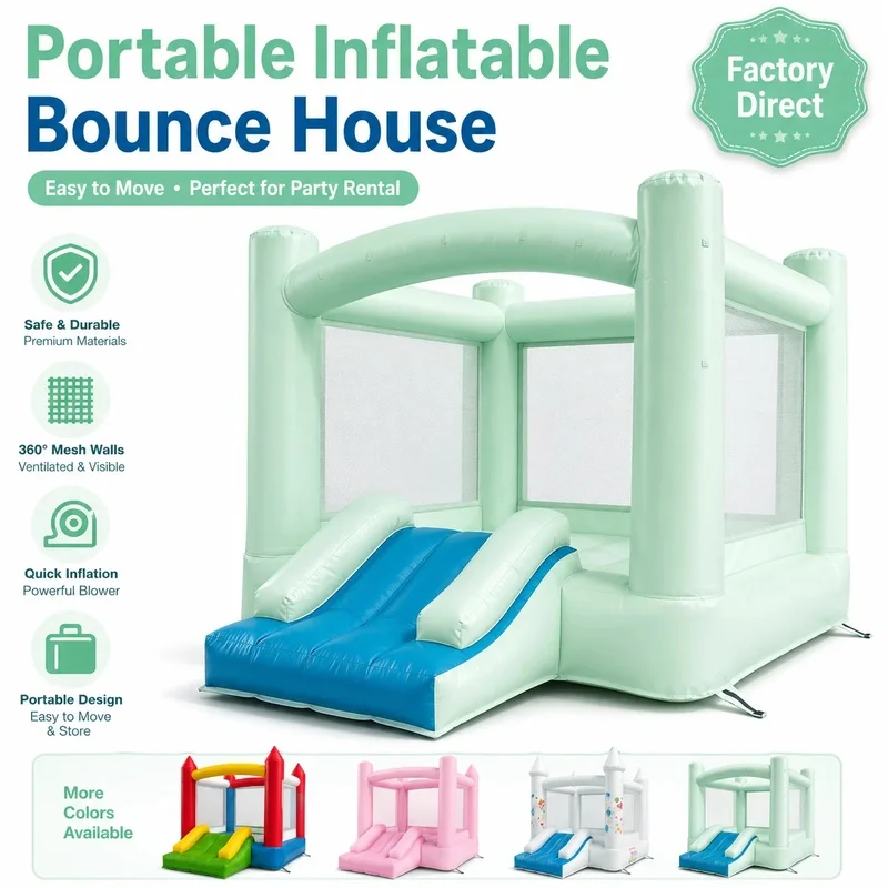 Mint Green Portable Commercial PVC Inflatable Jumping Castle Bounce House with Slide for Kids Indoor Outdoor Party Rental