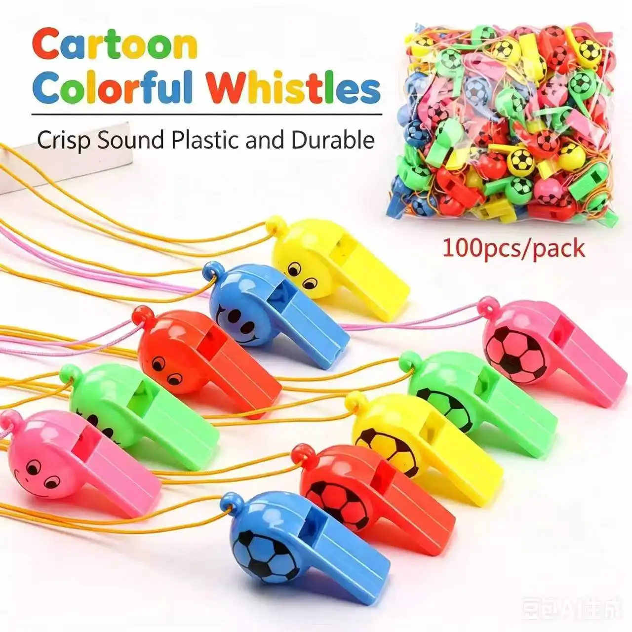 5/25pcs football whistles, plastic smiley whistles, referee whistles, children's gifts, game cheering props, game props， Mixed Colors Shipped