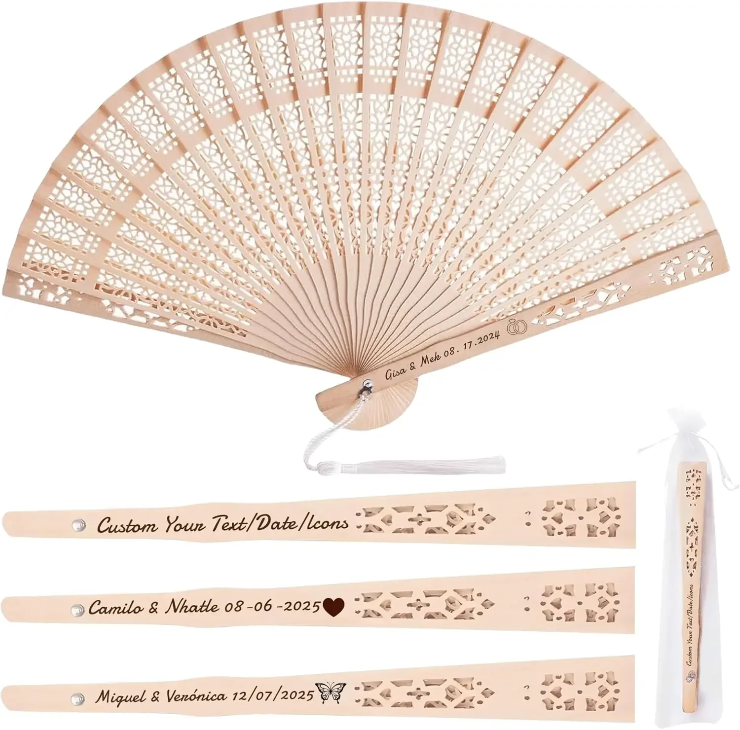 Personalized Wooden Folding Hand Fans Custom Engraved with Organza Bags Wedding Party Favors for Guests Bulk