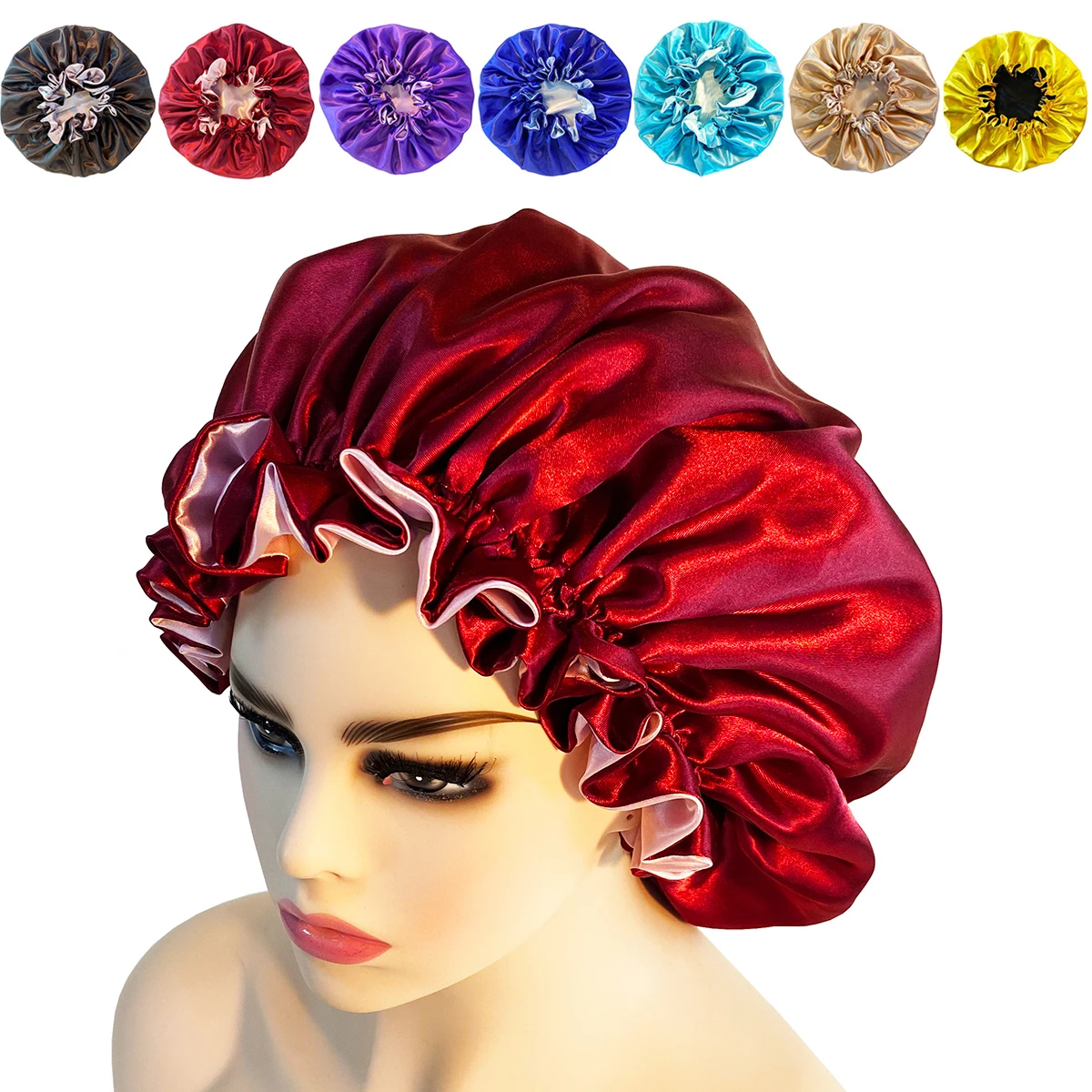 

1 New Double layer Solid Women Satin Bonnet Fashion Stain Silky Big Bonnet for Lady Sleep Cap Headwrap Hat Hair Wrap Accessories