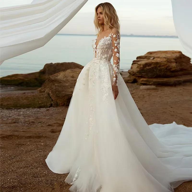 Vestidos de casamento boêmio personalizados, elegantes, femininos, sexy, decote em v, sereia, destacável, dois em um, apliques, botão, vestidos de noiva