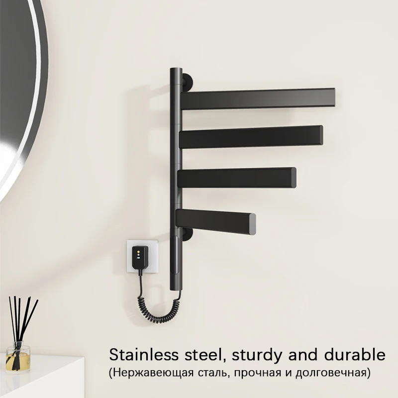 Imagem -04 - Rotatable Elétrico Aquecido Toalha Rail para o Banheiro Black Towel Warmer Four Rods Aquecimento Rack Square e Round Towel Dryer