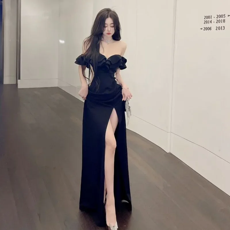 Ezgaga Temperament Dresses Women Fashion Elegant Slash Neck Split Ruffles Off Shoulder Backless Party Dress Ladies Sexy