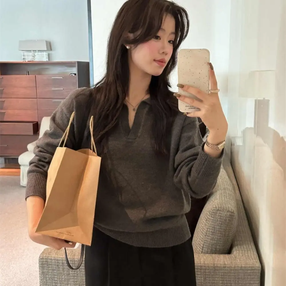 

Stylish Solid Color Flip Collar Cardigans Loose Simple Long Sleeved knitwear Pullover Ins Sweater Coat Autumn