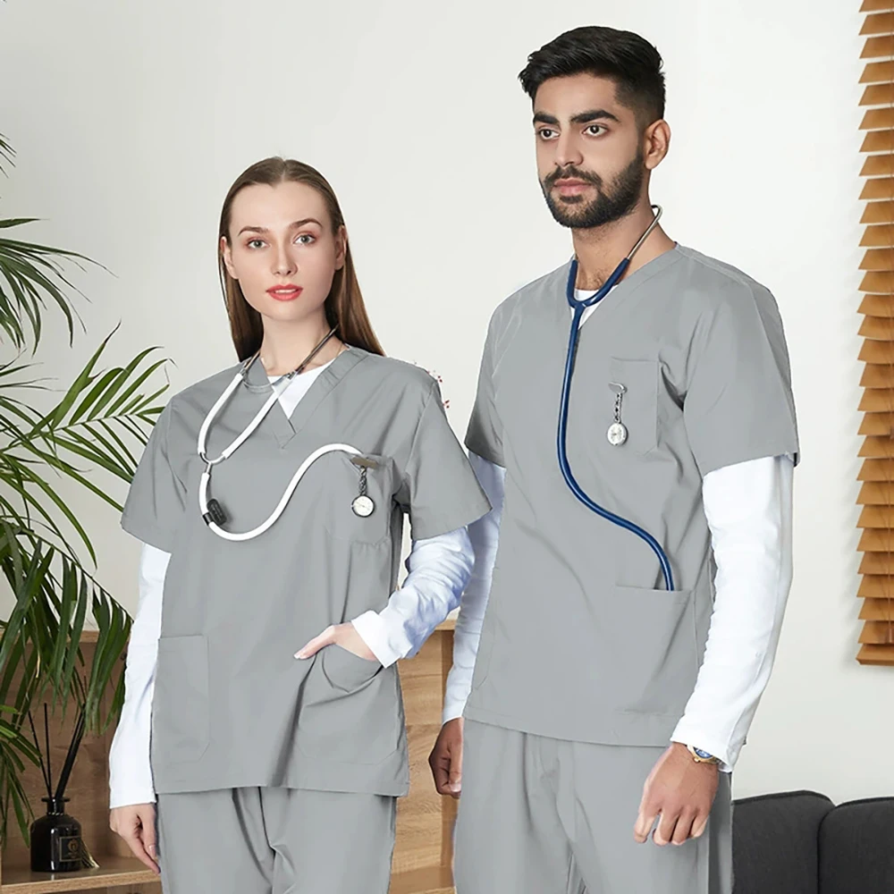 

Fashion Unisex Scrub Uniform Set Breathable Cotton Women's Scrub Set Anti-Wrinkle Surgical Gown Nurse Workwear for Clinic