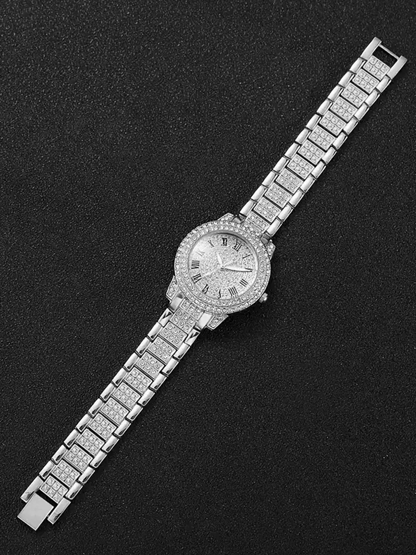 ゴールドとシルバーのステンレススチールフルダイヤモンドローマのファッショナブルなスチールバンドクォーツ時計とキューバブレスレットのセット - ギフトとして