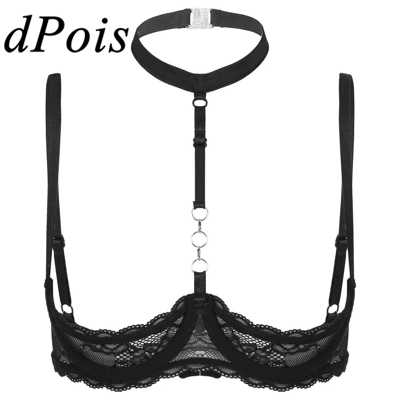 Womens Sheer Lace Bra Sexy Lingerie 1/4 Cups Underwire Bras Halter Neck O Ring Push Up Braltte Tops Brassiere Intimate Underwear