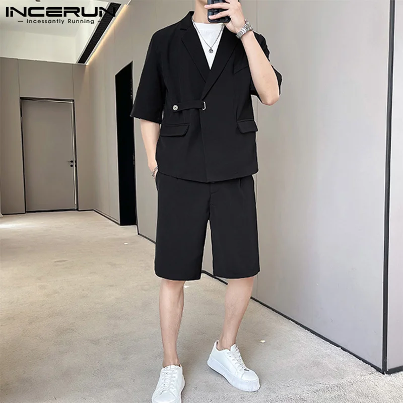 INCERUN Summer Men Clothing 2024 Men\'s Sets Fashion Party Casual Tops 2PCS Suits Solid Color Suit Oversized Half Sleeve Shorts