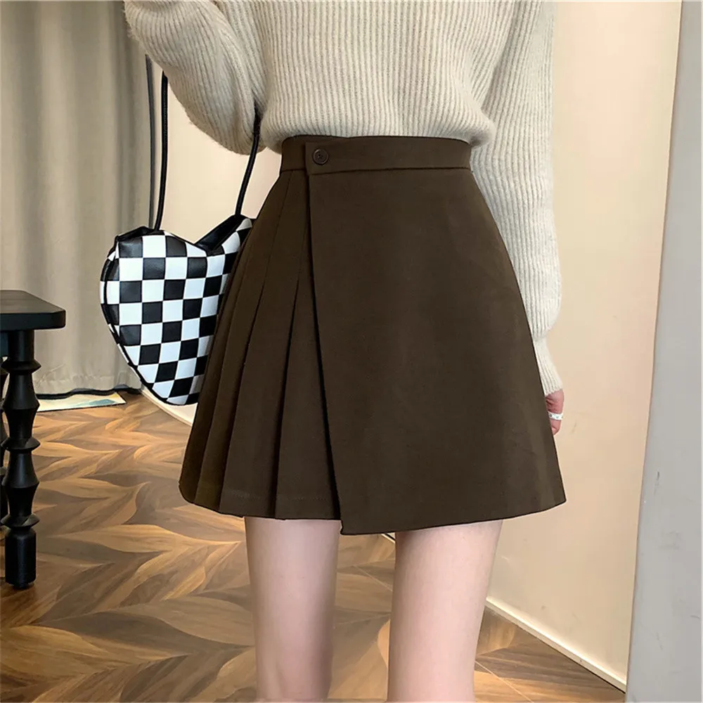 High Waist A-Line Mini Skirt Women's Autumn Winter Woolen Wrap Around Skirts Casual Asymmetrical Preppy Style Short Black Skirts