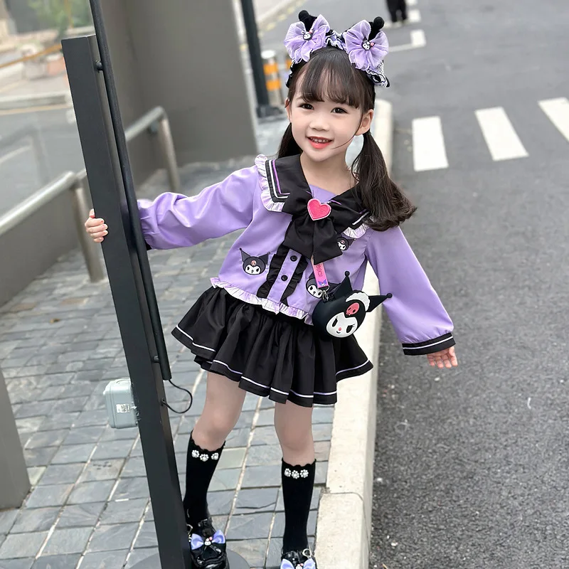 Sanrio Kuromi Girls Lolita Long Sleeves Short Skirt Suit Jk Uniform Suit Birthday Party Dress Spring Autumn Children\'s Clothing