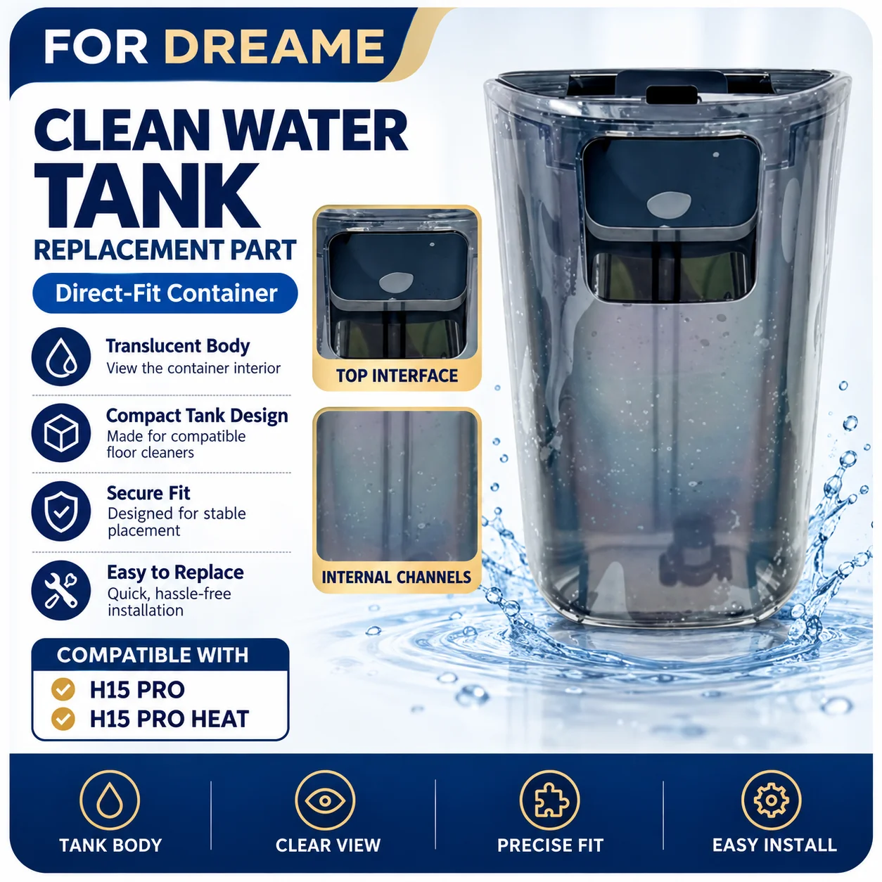 Accurate- Clean Water Tank Clean Water Bucket Water Storage Container for Dreame H15 Pro/H15 Pro HEAT Vacuum Cleaner