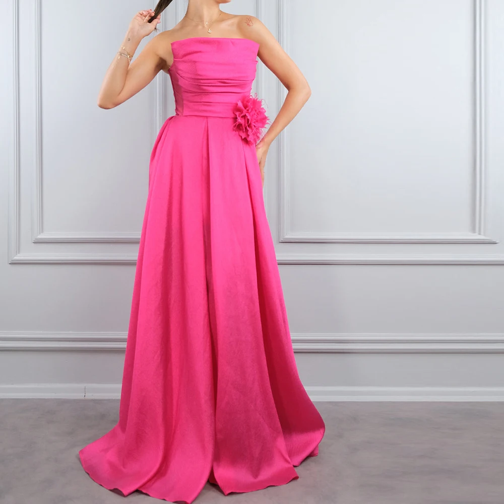 

Floor Length Saudi Arabia Evening Gowns Satin Sleeveless Strapless Straight Pleats Sweep Train Solid Color Quinceanera Gowns