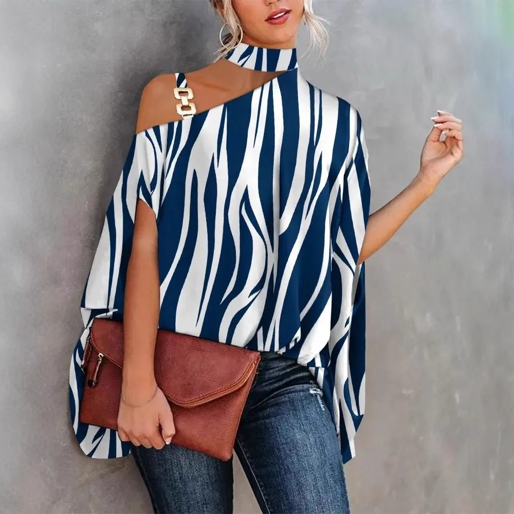 Summer Womens Blouse Printed Short Sleeve Blouses Off Shoulder Floral Print Chiffon Blouse Cold Shoulder Peacock Print Top