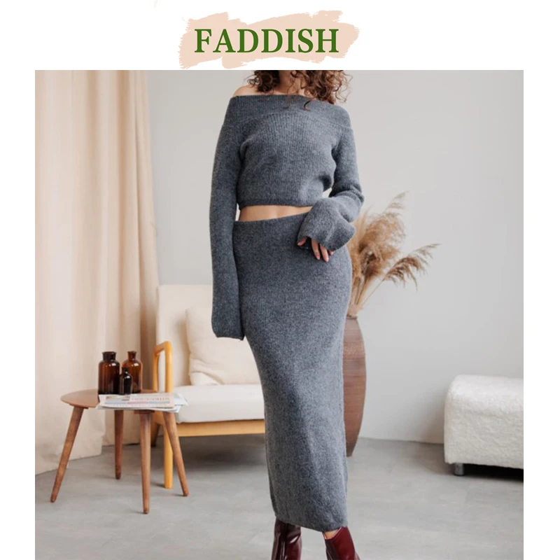 FADDISH 2024 Autumn Winter Women Fashion Bare Shoulder Long Sleeves Knit Sweater + Solid Color Casual Hip Wrap Skirt Set Female