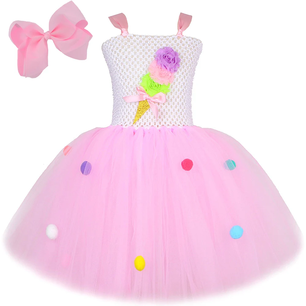 Pink Ice Cream Tutu Dress for Baby Girls Birthday Party Cake Smash Costumes Kids Candyland Outfit with Bow Child Sweet Clothes