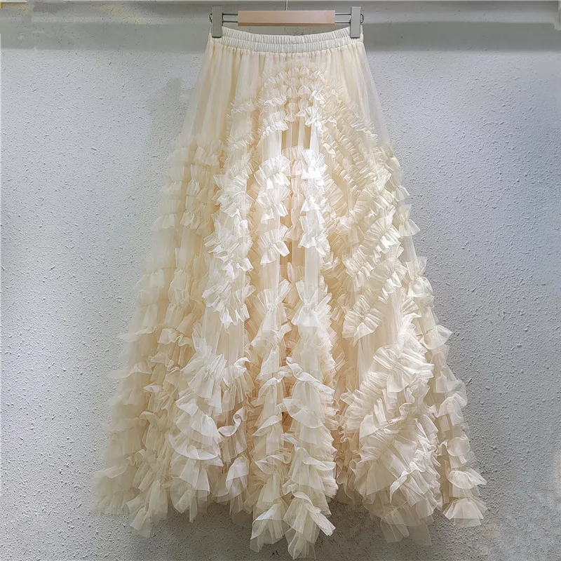 Heavy Ruffled Tulle Long Skirt Women Gothic Dark Tiered Cake Skirt Elastic Waist Maxi A‑Line Mesh Half Skirt Party Evening Wear