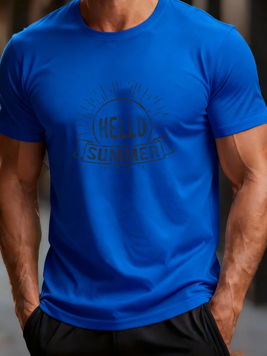 تي شيرت برتقالي لامع بأكمام قصيرة مع طباعة جرافيك "HELLO SUMMER" - تي شيرت كاجوال للرجال برقبة دائرية لأسلوب الصيف #5