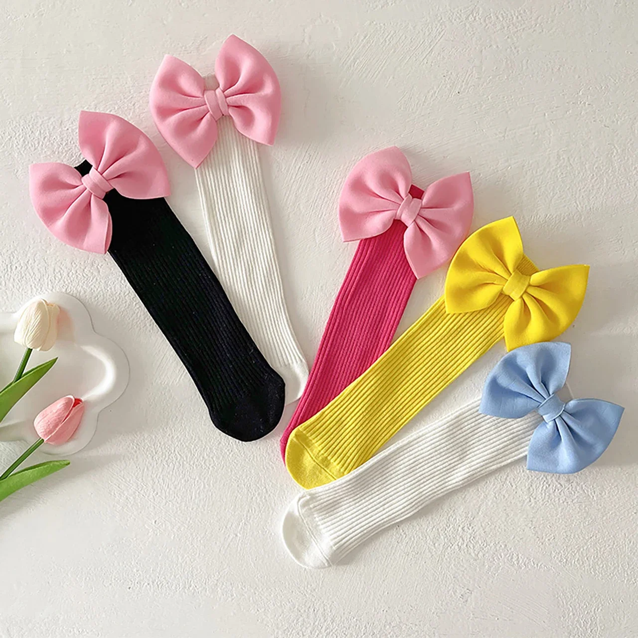 Candy Color Bow Socks for Baby Girls Sweet Ribbon Bowknot Knee High Sock Spring Autumn Kids Long Socks