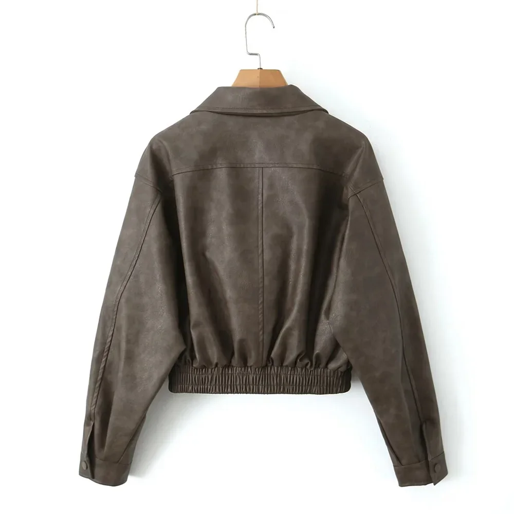 Pop 2024 Autumn New Product Women's Fashion Leisure Versatile Flip Collar Short Bat Sleeve Leather Coat