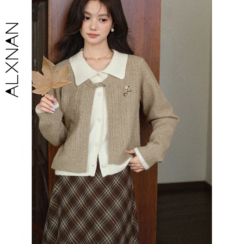 

ALXNAN Khaki Sweater Women Fake Two-piece Lapel Long Sleeve Pullovers 2025 Fall Winter Loose-fit Casual Elegant Knitwear L57922
