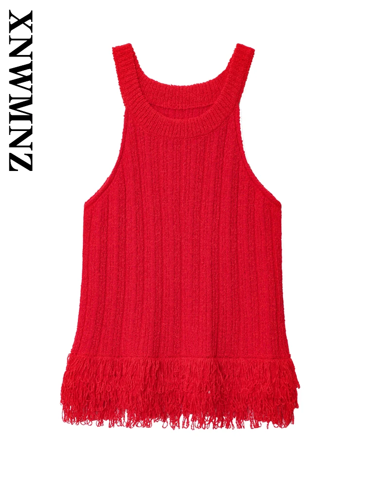 

XNWMNZ 2025 Autumn Female Vintage Simple Sleeveless O-Collar Knit Vest Classic Fashion Woman Japanese Regular Fit Sweater Tassel