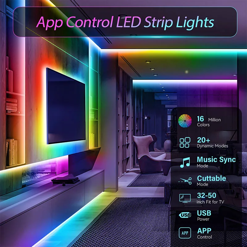 RGB LED Strip Lights 5V USB TV Backlight Music Sync Color Changing LED Lights App Control Game Room Party Decoration