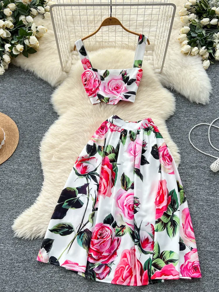 

French Vintage Print Floral Midi Skirts Two Piece Set for Women Outfit Fashion Corp Top and High Waist Skirt Summer 2 Piece Sets