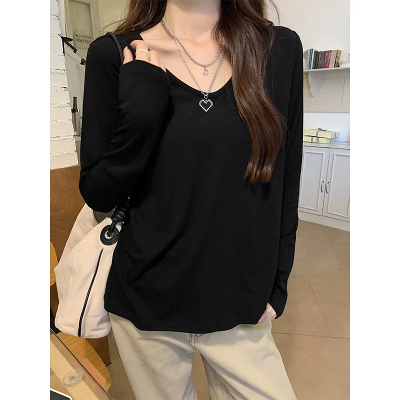 Black Relaxing Loose Look Thin Long Sleeve T-shirt Women's Early Autumn Inner Wear Pure Desire Lazy Atmosphere Top Bottom Shirt