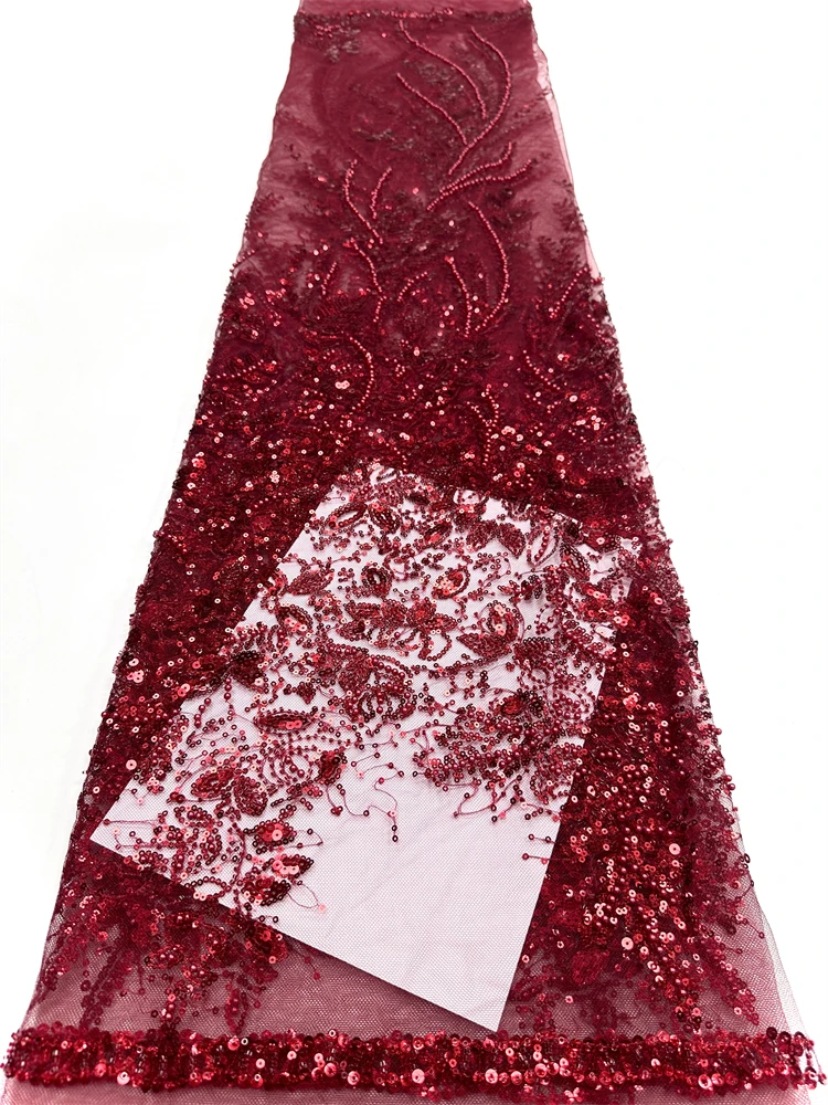 High Quality African red Handmade Beaded Lace Fabirc 2025 Sewing sequins Embroidery Nigreian Lace Fabric Women Wedding Dress