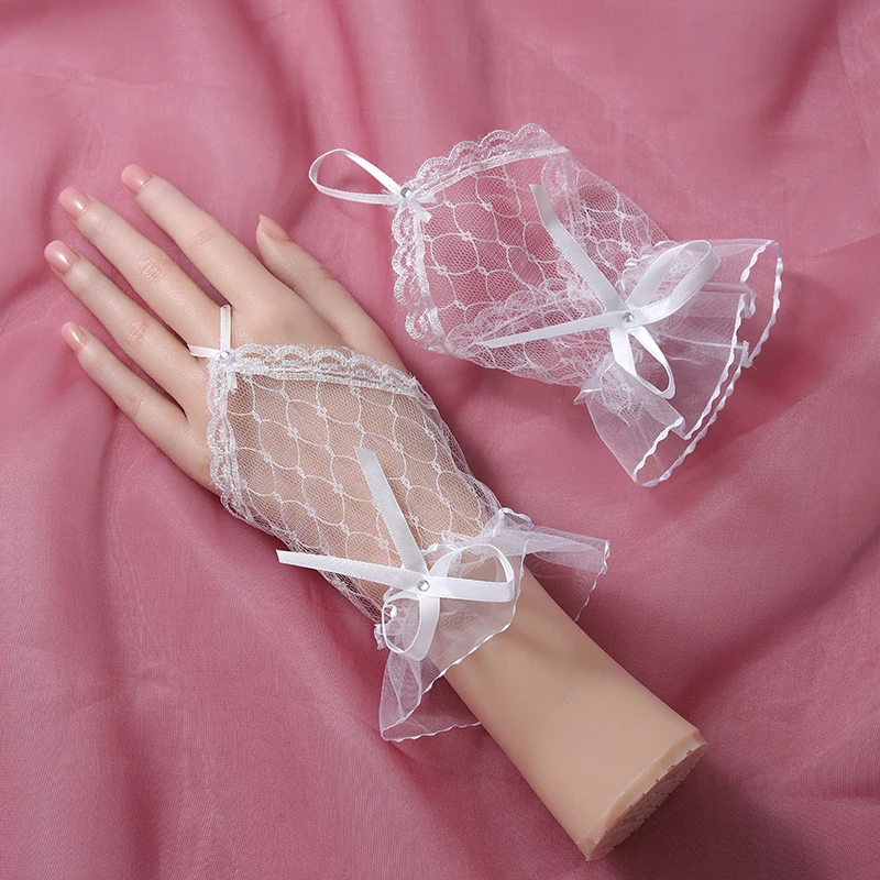 Fashion new lace mesh white short fingered gloves wedding dress photo accessories bride gloves