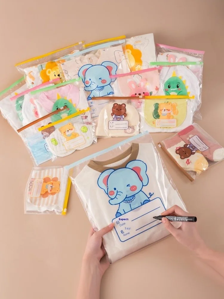 10/15/20 ชิ้น ถุงเก็บของแบบมีซิป ลายการ์ตูนช้าง ยีราฟ โปร่งใส หนาขึ้น ประหยัดพื้นที่ สำหรับเด็กอนุบาล