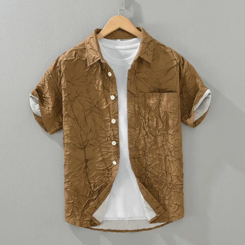 

2026 Summer New Slightly Wrinkled Texture Hollow Tulle Short Sleeve Shirt for Men Fashion Turn-down Collar Thin Shirts