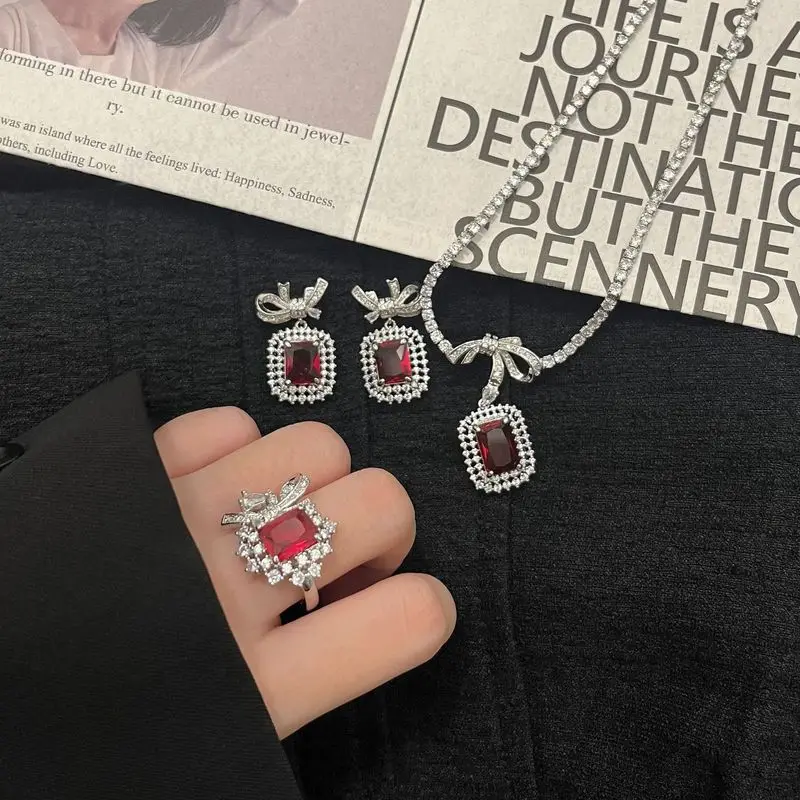 925 sterling silver new red corundum luxurious temperament bow full diamond opening ring female ear pendant necklace set gift