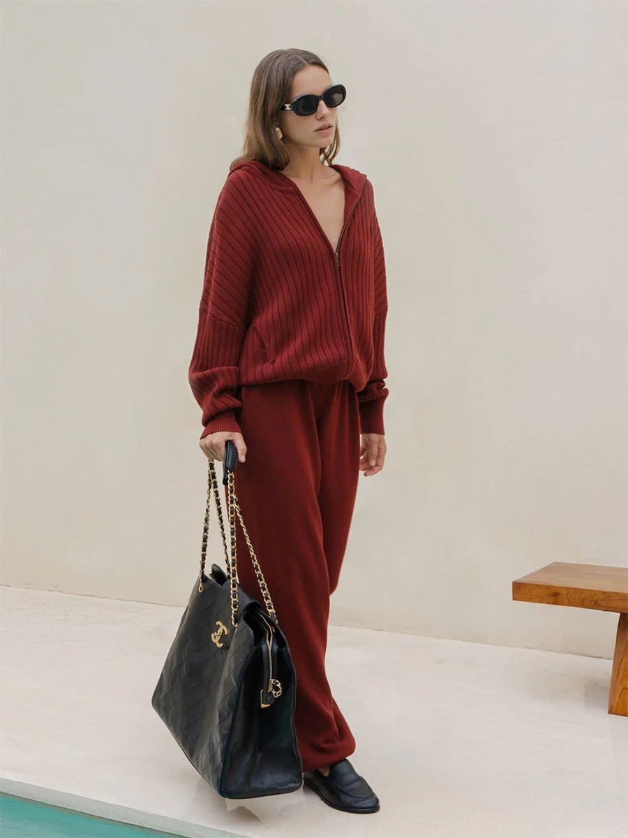Bornladies Women's Elegant Two-piece Zipper Hooded Long Sleeved Top and Pants Set Suitable for Daily Casual Outdoor Street Wear