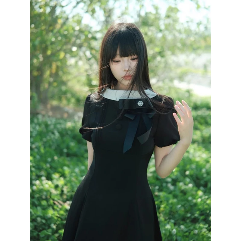 

Vintage Black Midi Dress Women Harajuku Party Bow Bandage Dresses Summer Japanese Gothic Puff Short Sleeve Bodycon Vestidos New