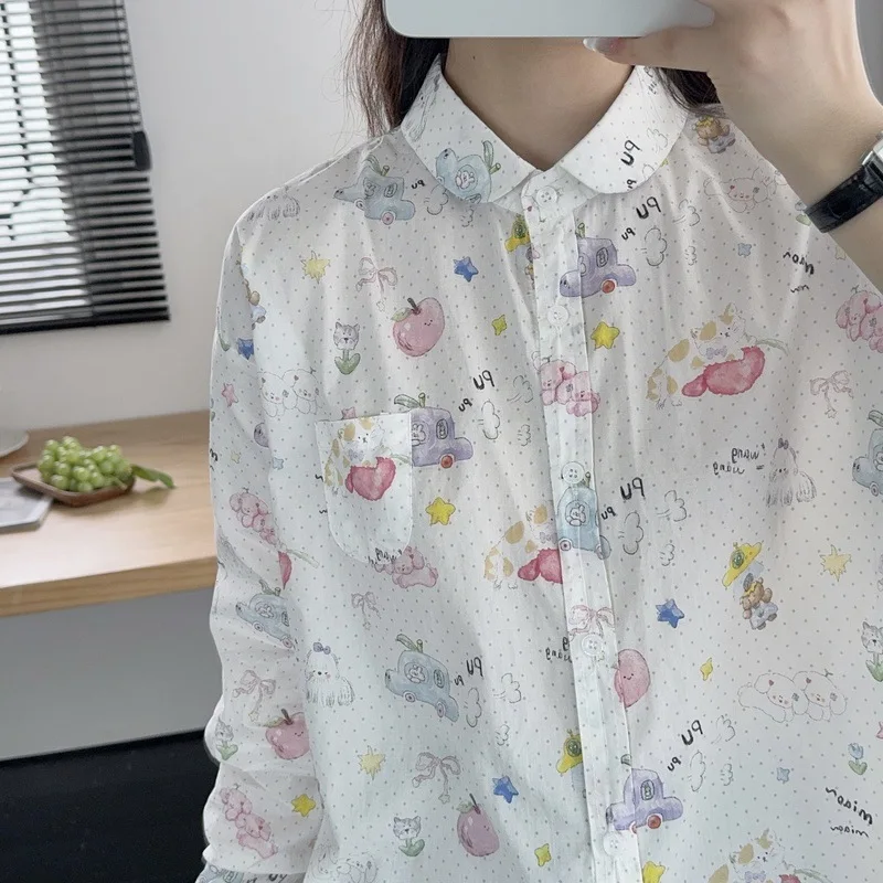 

100% Cotton women's blouse Japanese style lapel long sleeve cartoon printed shirts women harajuku fashion tops oversized shirt