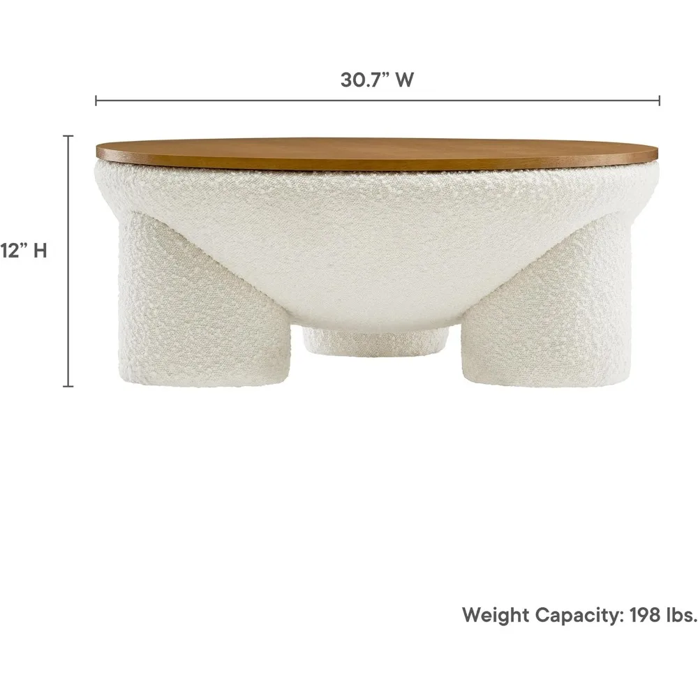 大きな丸い布張りのブークレ生地のコーヒーテーブル、収納付き、ナチュラルアイボリー - 31インチの木製アクセントテーブル