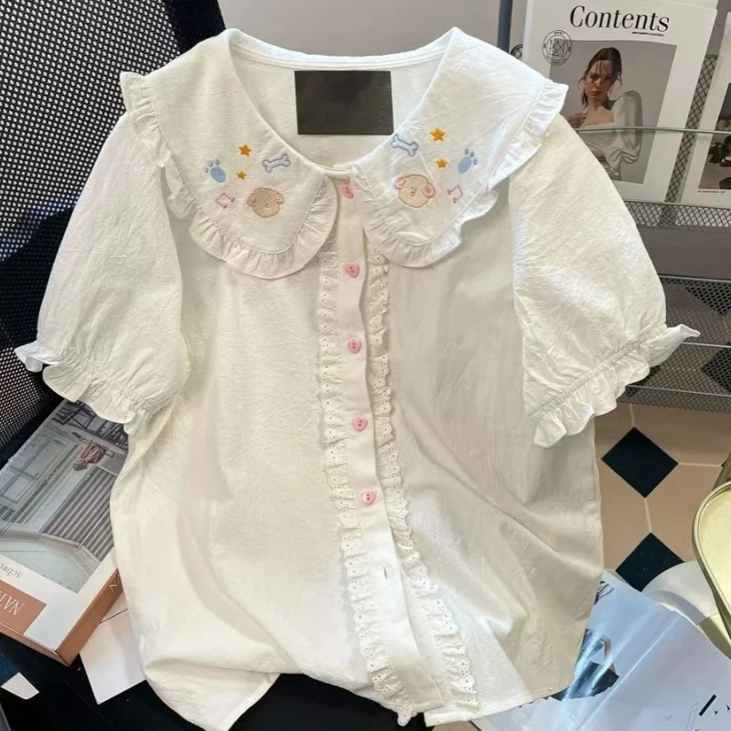 High Quality Cotton Comfort Lolita Shirts Summer Cute Embroidery Doll Callor Lapel Shirts Lovely Girls Single Breasted Blouse