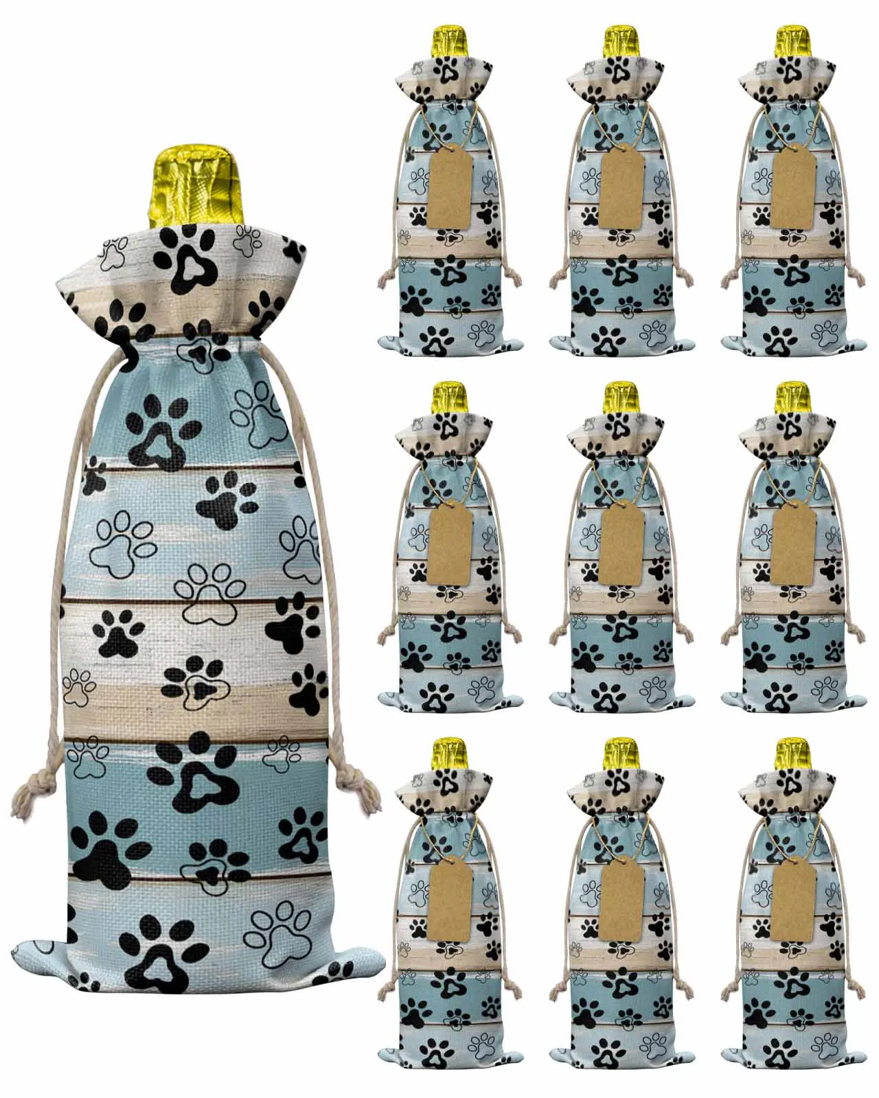 

10pcs Wine Bottle Covers Vintage Farmhouse Pet Paws Wood Grain Wine Holder Carrier Packaging Bag Wedding Party Decor Gift