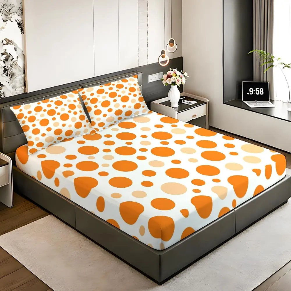 Orange Polka Dot Fitted Sheet Set Queen King Full Size Bedding 2D Digital Print Three-Piece Bedding Set (Includes 1 Fitted Sheet + 2 Pillowcases) Mattress Protector Fitted Sheet Style Protective Cover Mattress Protector, Fitted Sheet Bedding view 5