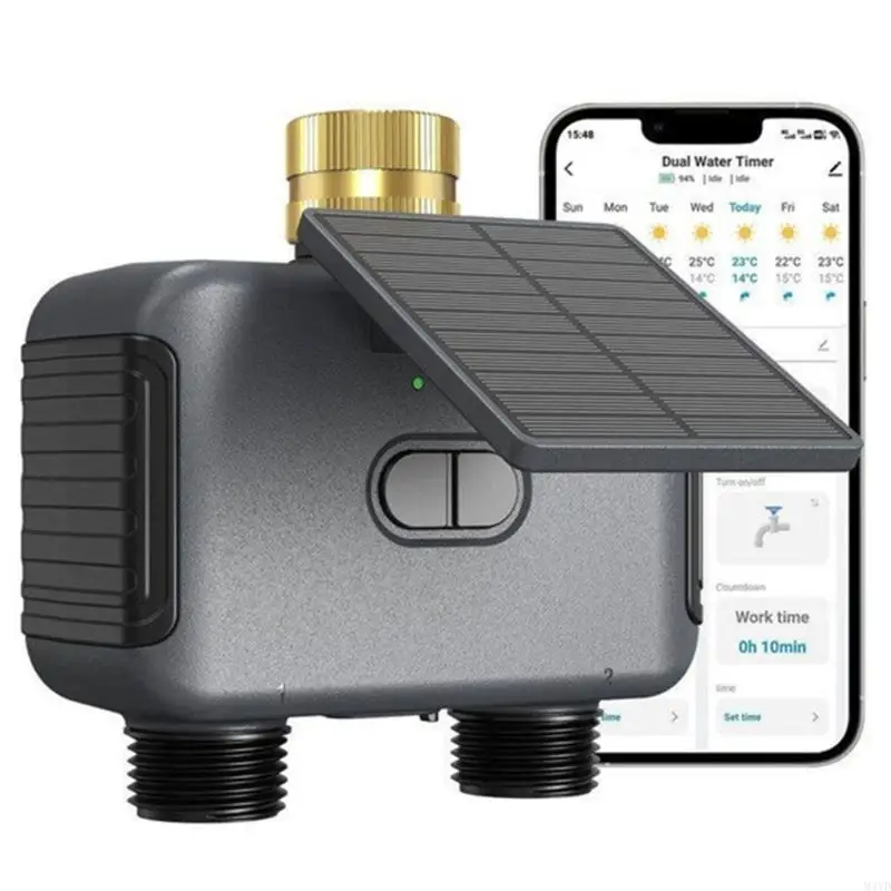 Solar Irrigation Timer with 2 Zone Watering Control, Phone Scheduling, Rain Delay and Backup Input for Home Lawn, Garden M4YD