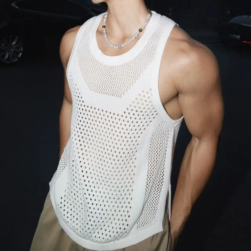 Summer New American Knitted Vest Hollow Out Sleeveless Tops Sports Leisure Hem Split Sweater Vest Men's Trendy Ins Daily Wear