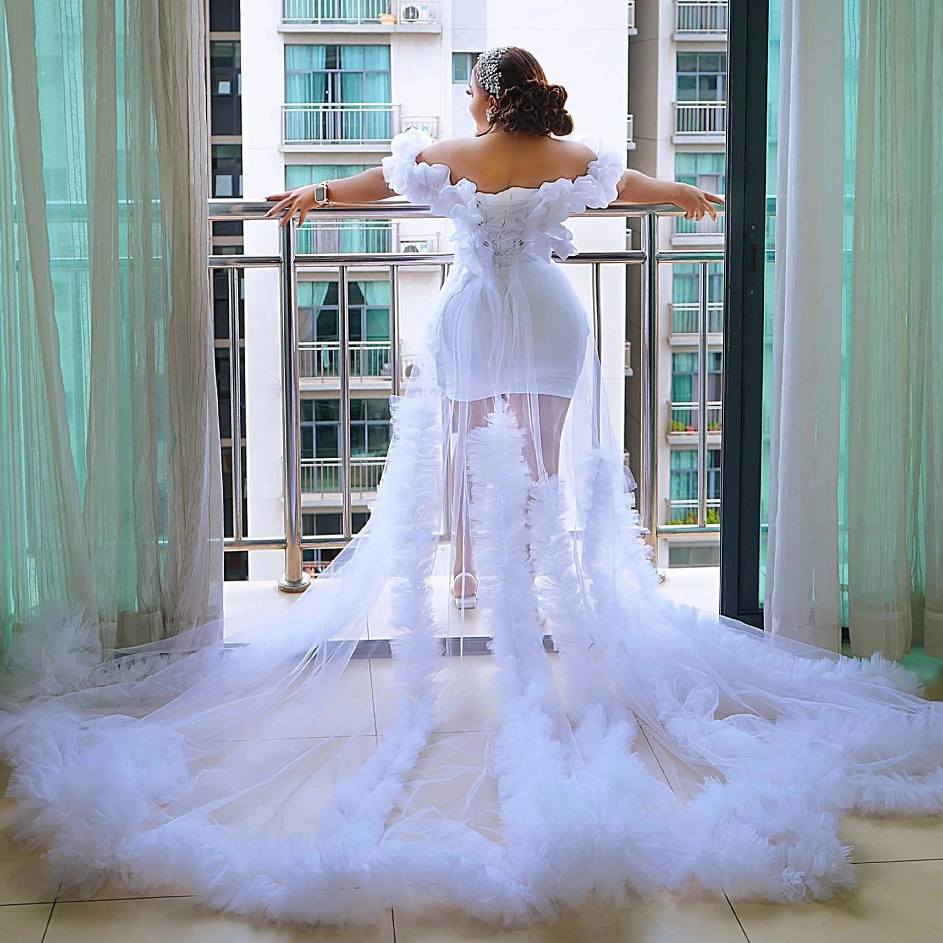 White Flower Bride Robe for Wedding Customized Off the Shoulder Bridal Gowns Photo Shoot Maternity Dressing Gown for Photography