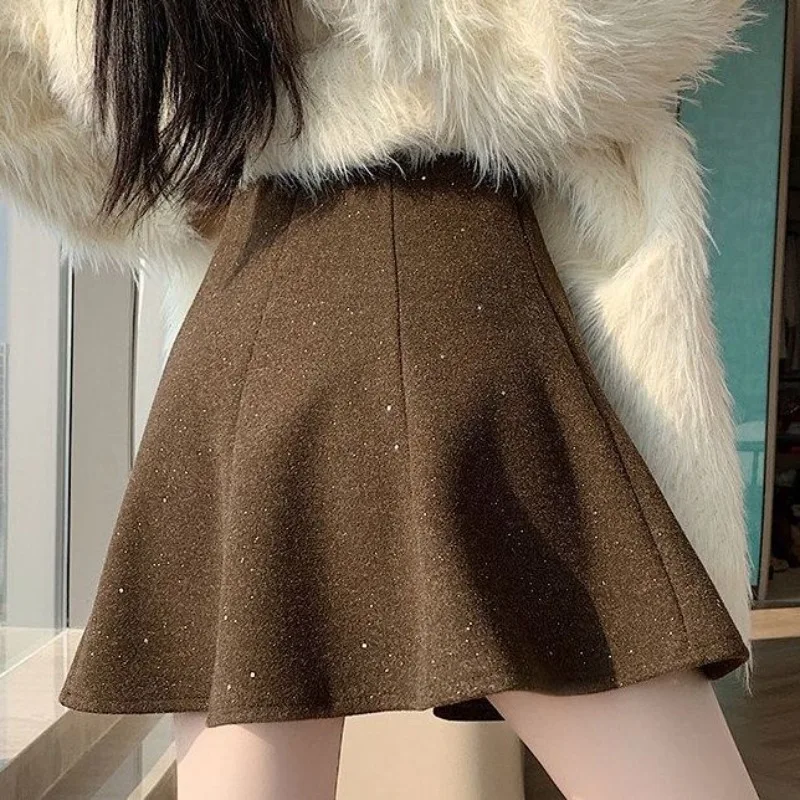 Women's Black Sequins Tweed Skirt Winter High Waist Thick Warm Flared Faldas Mujer A-line Solid Casual Pleated Mini Skirt