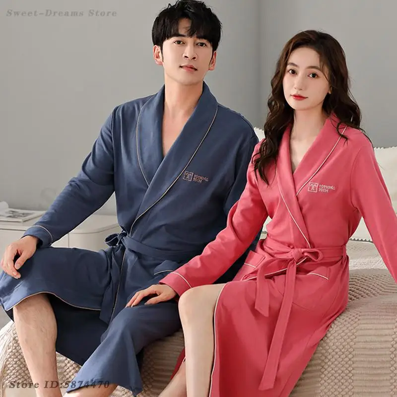 Couple's Spring Autumn Robe Nightwear Men's Women's Cotton Sleepwear Bathrobes Plus Size 4XL Nightgown Kimono Gown Lounge Wear